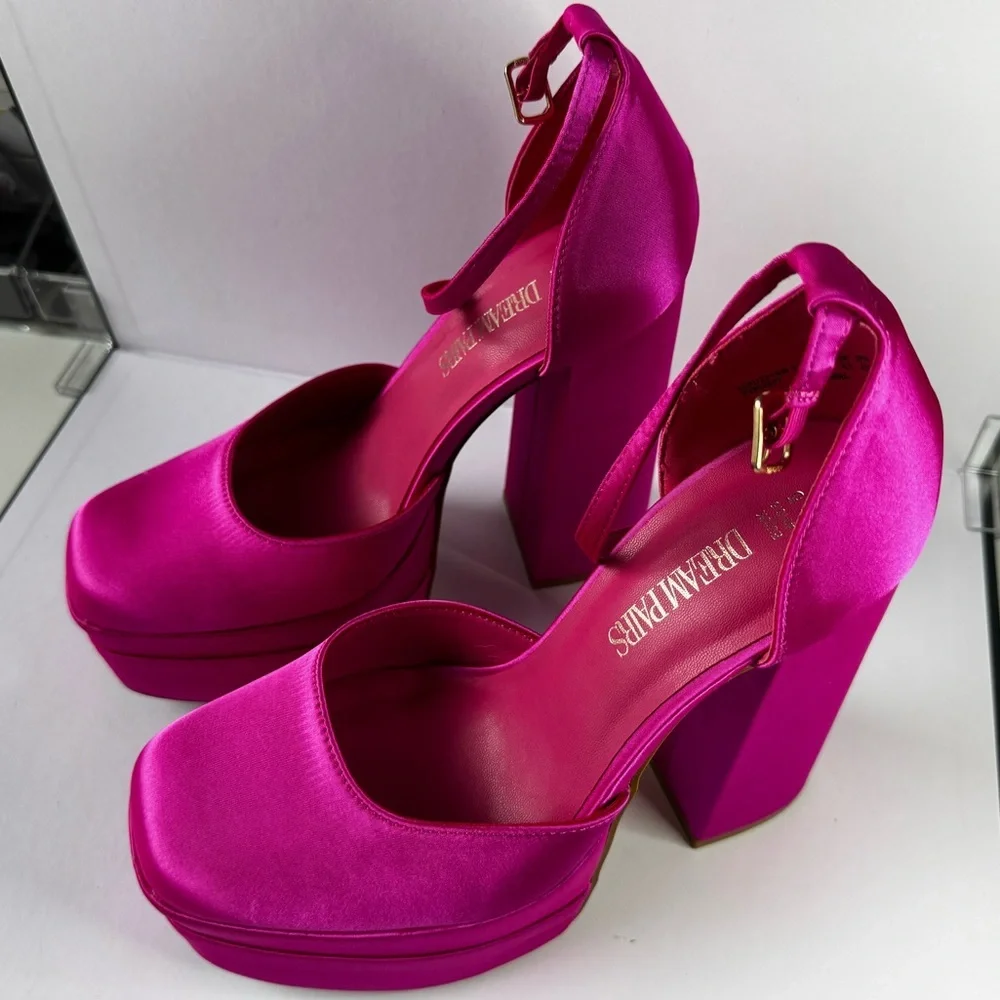 Barbie Hot Pink Platform Block Heel Pumps Satin Ankle Strap Size 8.5